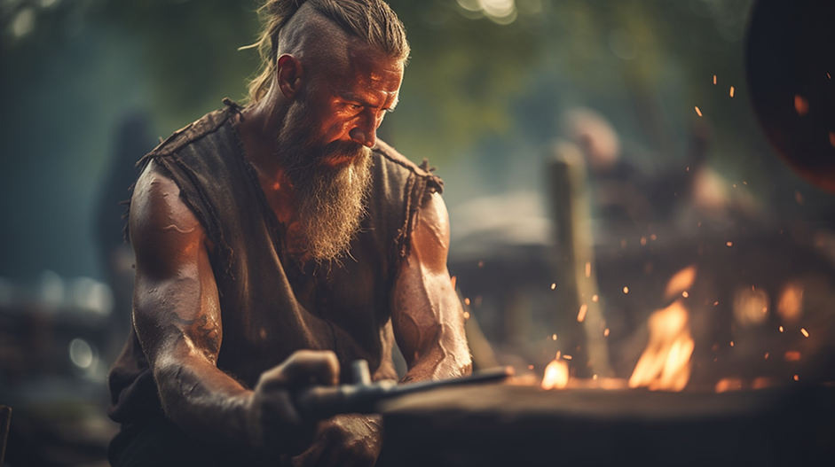 A blacksmith forging the blade by hand over fire