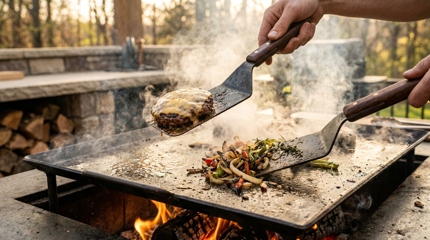 The spatulas flipping food on a griddle